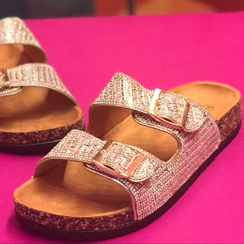 Italina Rhinestone Jewel Double Buckle Strap Cork Slide Contoured Sandal - Picture 13 of 15